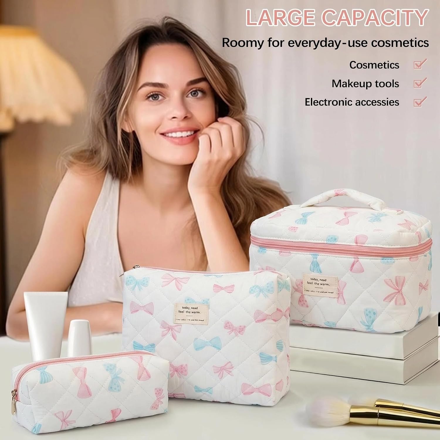 Floral Makeup Bag Set, 3PC Quilted Cotton Coquette Cosmetic Bag, Cute Bow Portable Toiletry Organizer Pouch for Women and Girls, Aesthetic Travel Essentials for Toiletries and Skincare