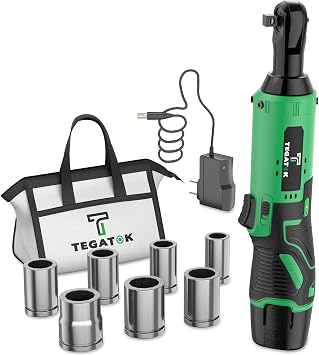 Tegatok Cordless Electric Ratchet Wrench Set, 40FT-LBS 45N.m 3/8" Ratchet, 12V Cordless Ratchet Wrench, 2.0Ah Battery Electric Impact One Battery Green