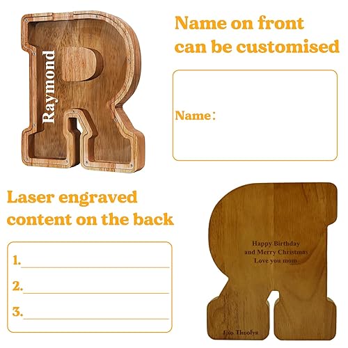 Vista 97 de Customized Name Large Wooden Piggy Bank for Boys Girls Alphabets Letter A-Z Coins Bills Money Change Bank Box Initial on Clear Cover