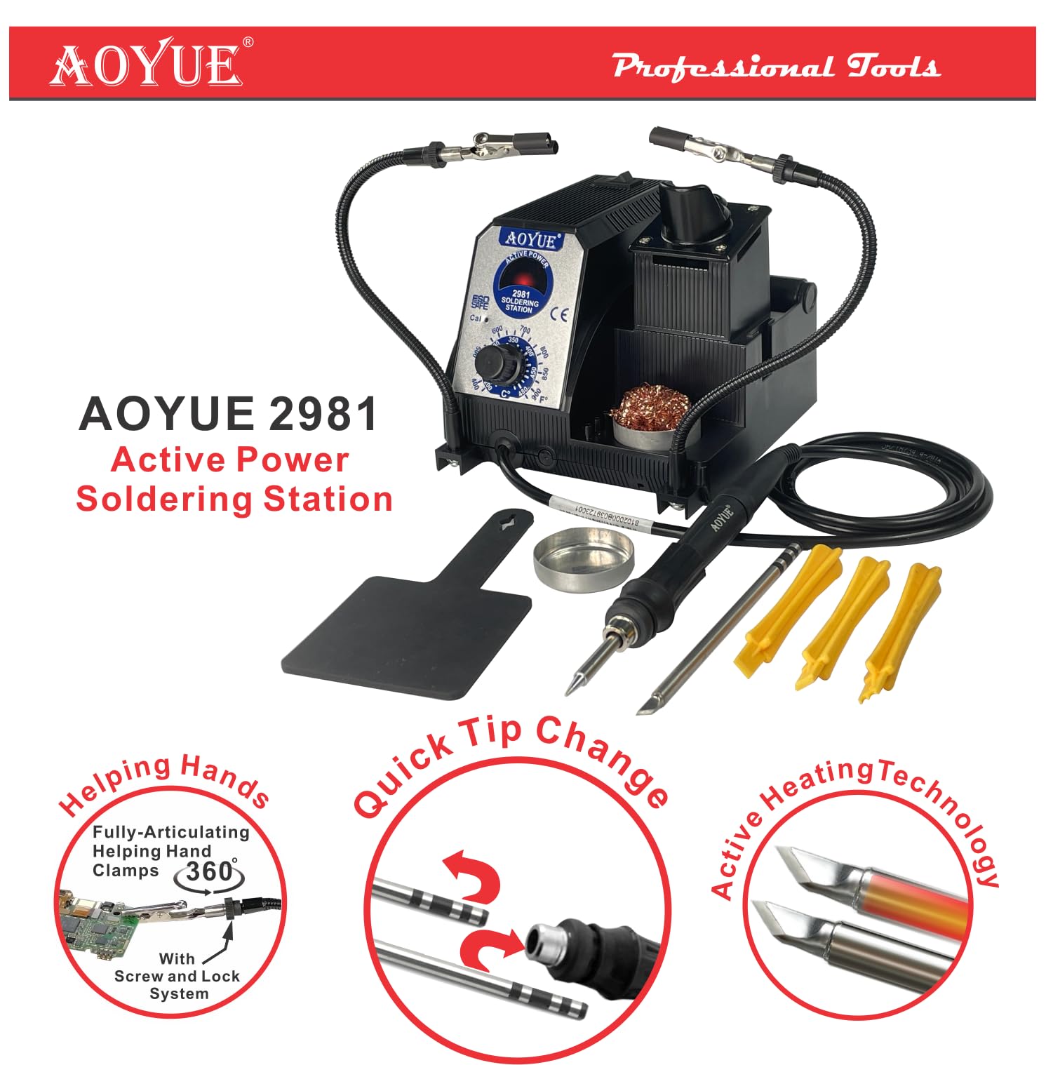 Aoyue 2981 Kit stazione di saldatura di precisione per riscaldamento rapido, compatibile con punte T-12 Style Active Power, tensione sicura 12 V, pulitore punte, porta bobina, pinzette, strumenti di