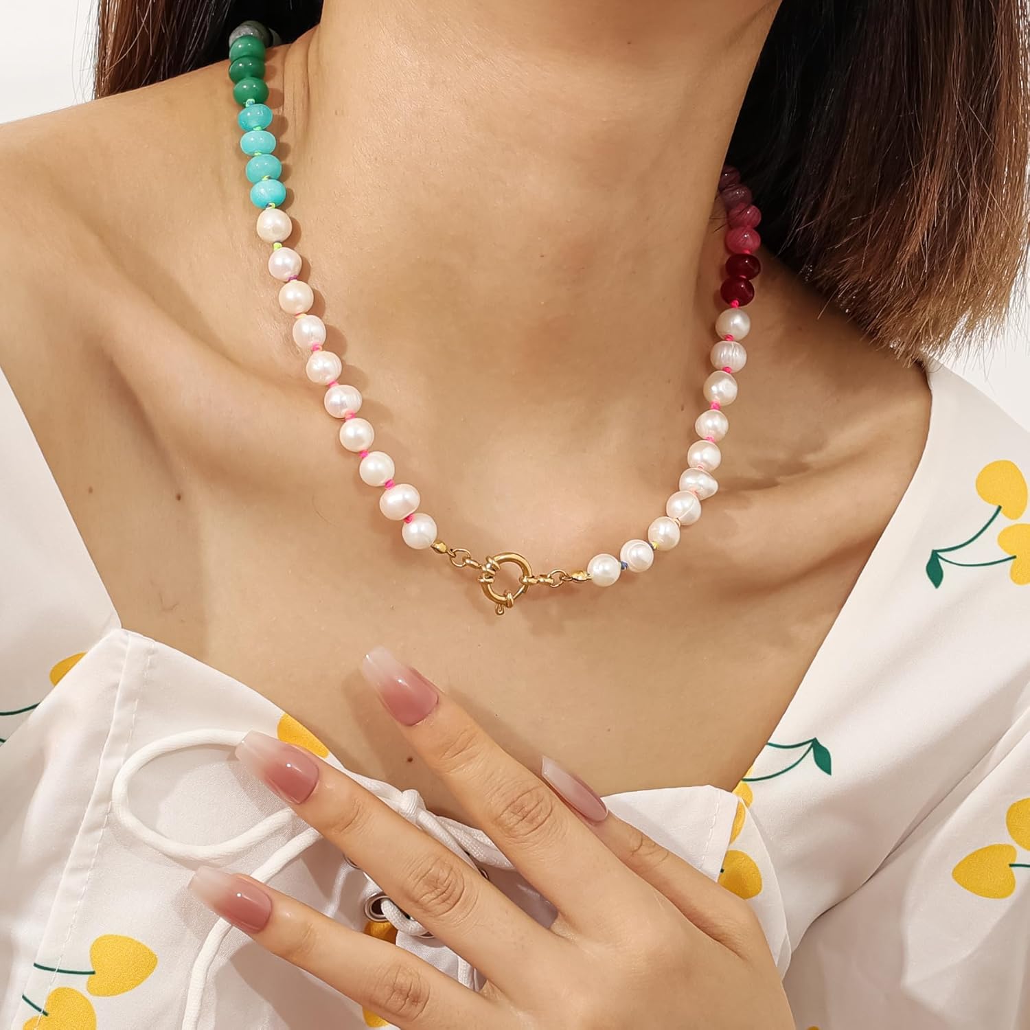 Beaded Gemstone Necklace for Women, Colorful Boho Bead Choker Necklace Natural Stone Freshwater Pearl Surfer Beach Necklace 14K Gold Plated Summer Handmade Jewelry Gifts - Image 3