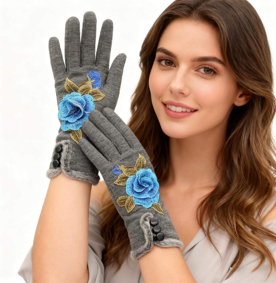 Specell Women Winter Warm Gloves Embroidered Flowers Fleece Lining Touchscreen Fingertips Mittens Windproof for Cold Weather
