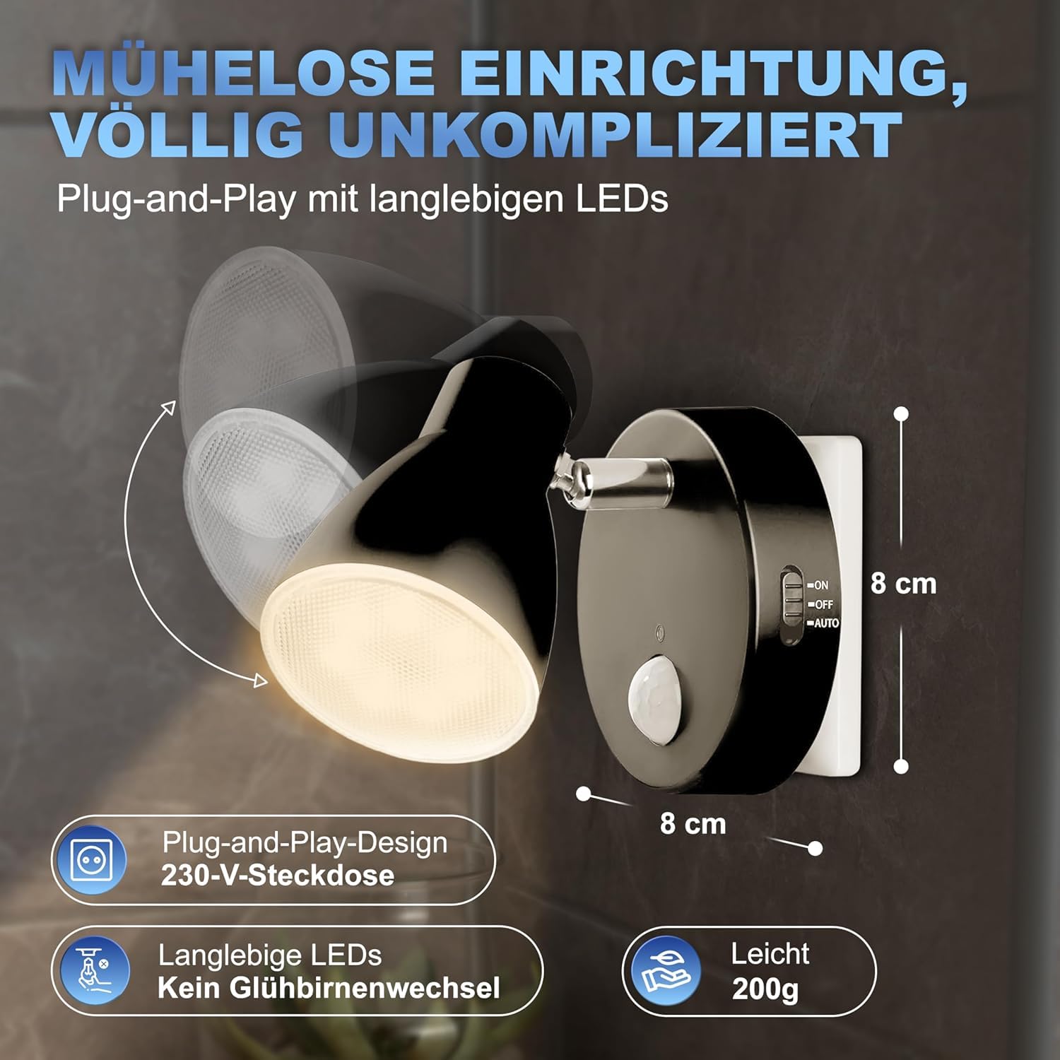 Trango 2er Set Schwarz LED Sensor Nachtlicht *MILO* 2635-025 mit Bewegungssensor & Automatikfunktion Sicherheitslicht 230V Steckdosenlampe, Wandlampe, Orientierungslicht, Nachtlampe, Steckdosenlicht