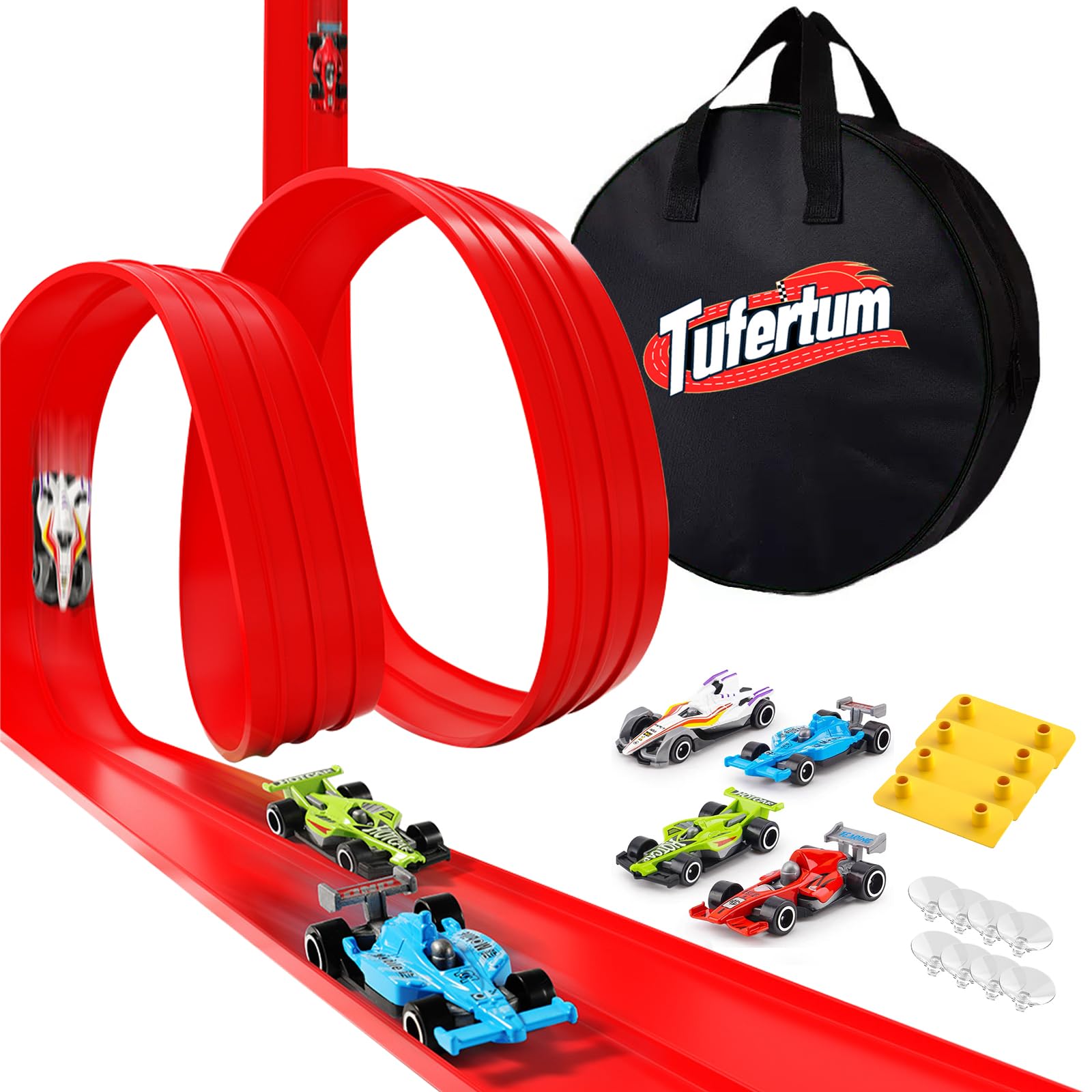 Flexible Toy Car Track for Racing, 6M Roll Up Race Track Includes 4 Diecast Toy Cars for Boys, Diecast Cars and Monster Trucks, Attach to Windows Doors for Bumps Jumps Tunnels Loops