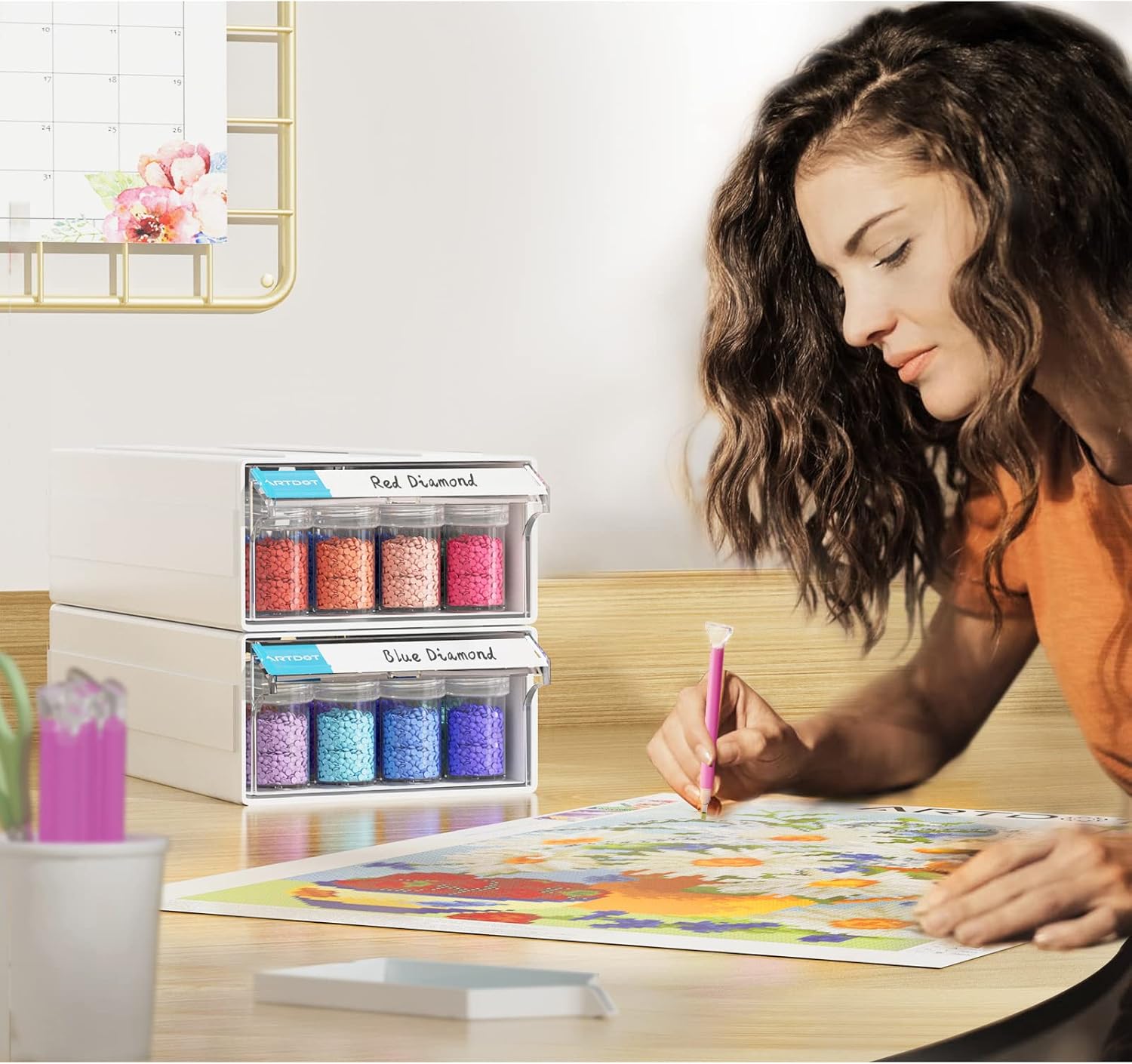 ARTDOT 2-Pack Interlocking Storage Containers for Diamond Art Kits for Adults, 64 Slots Storage Box for Diamond Painting Accessories and Tools