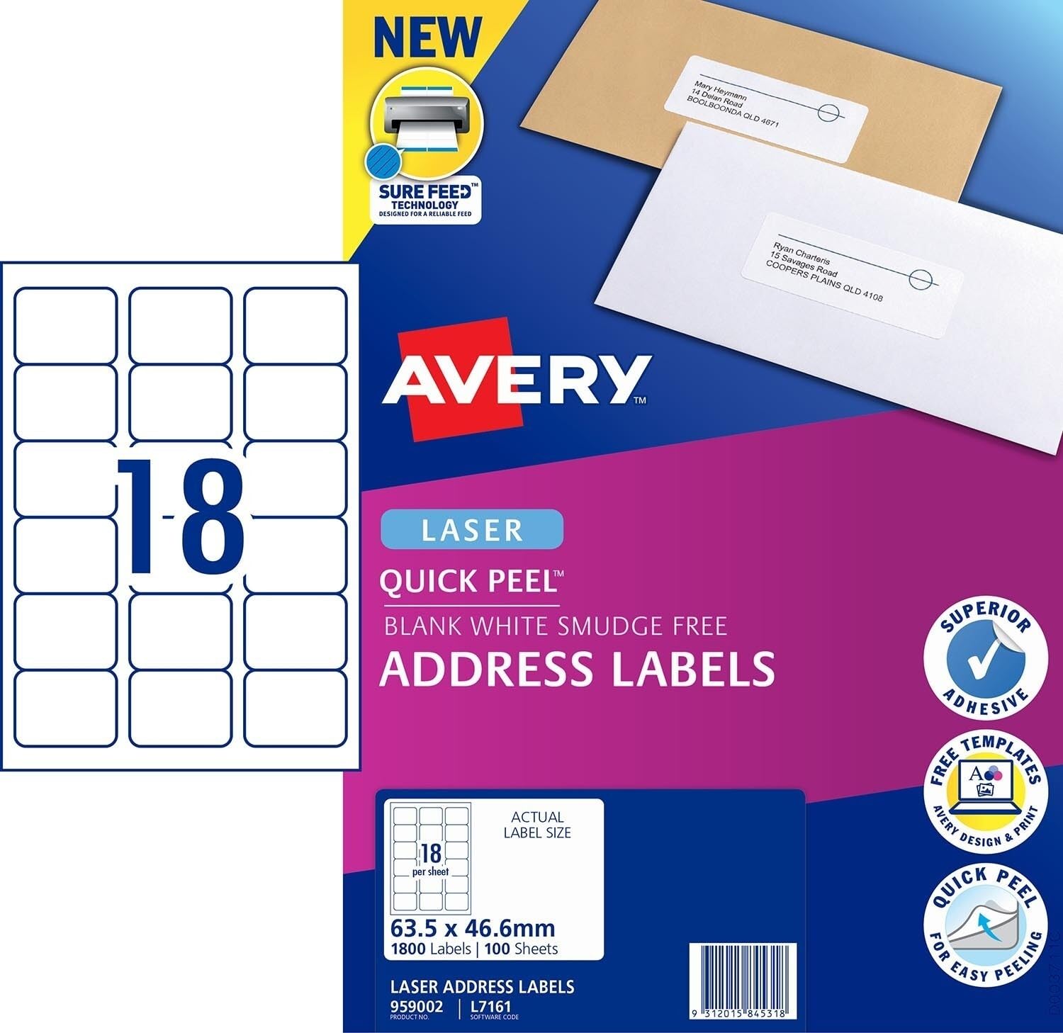 Avery Etichette A4 per stampanti laser, etichette stampabili per imballaggi, spedizioni e indirizzi, colore bianco, 63,5 x 46,6 mm, 1800 etichette/100 fogli (959002/L7161)