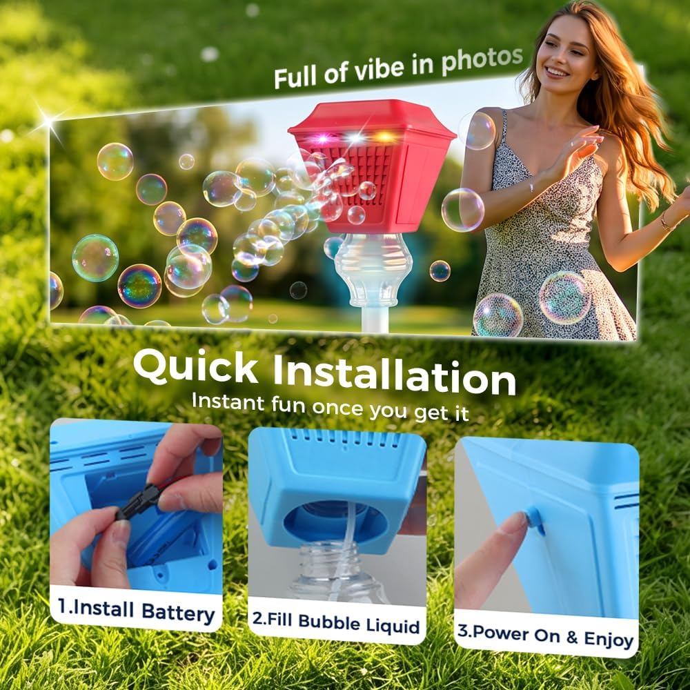 Automatic Bubble Machine, 2026 New Rechargeable Automatic Bubble Maker with Light Music, 3-Level Adjustable Heights, Detachable Bubble Wand for Outdoor Party Wedding (Blue)
