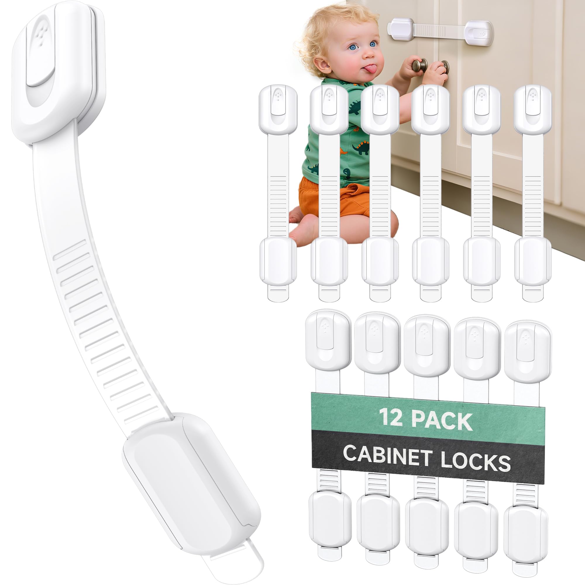 Infinno Cabinet Locks for Baby Proofing, Child Safety Latches, 12 Pack | No drill 3M adhesive, heavy duty hold, fits drawers,