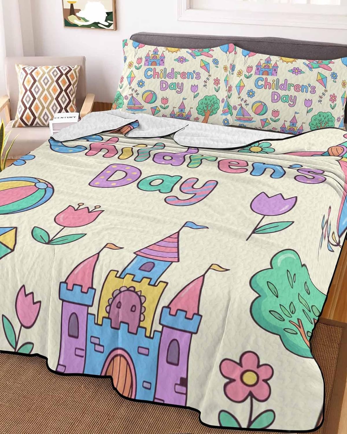 Children's Day Summer Quilt Set Twin XL Size,Soft Quilted Bedding Set with 2 Pillow Shams,Airplanes Sailing Boats Tree Cartoon Cream Lightweight All Season Bedspread Coverlet for Bedroom 68"x98"