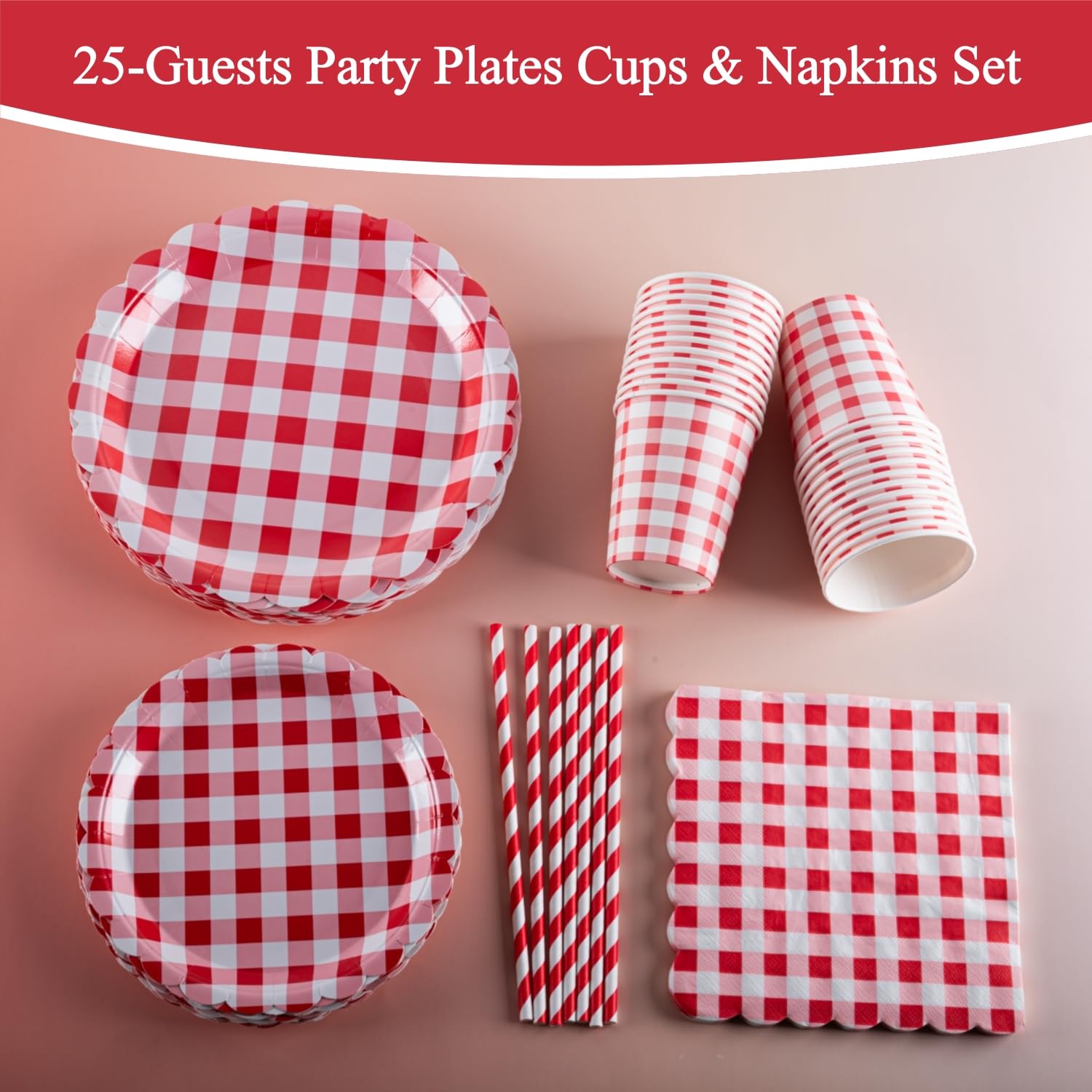 Set di piatti per feste, bicchieri e tovaglioli per 25 ospiti, include piatti di carta smerlati a quadretti rossi (17,8 e 22,9 cm), perfetti per feste, eventi e celebrazioni