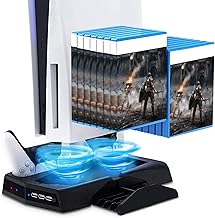 Arespark PS5 Cooling Station, Vertical PS5 Charging Station with Dual PS5 Controller Charger/USB HUB/Retractable Games Slots, PS5 Accessories for Playstation 5 Disc/Digital Edition, Ventilador PS5