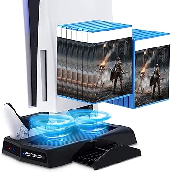 Arespark PS5 Console Vertical Stand with Cooling Fan,Playstation 5 New Console Cooling Stand for Digital Edition & Ultra HD with 2 Controller Charge Station&14 Game Boxes Storage, USB Charged (Black)