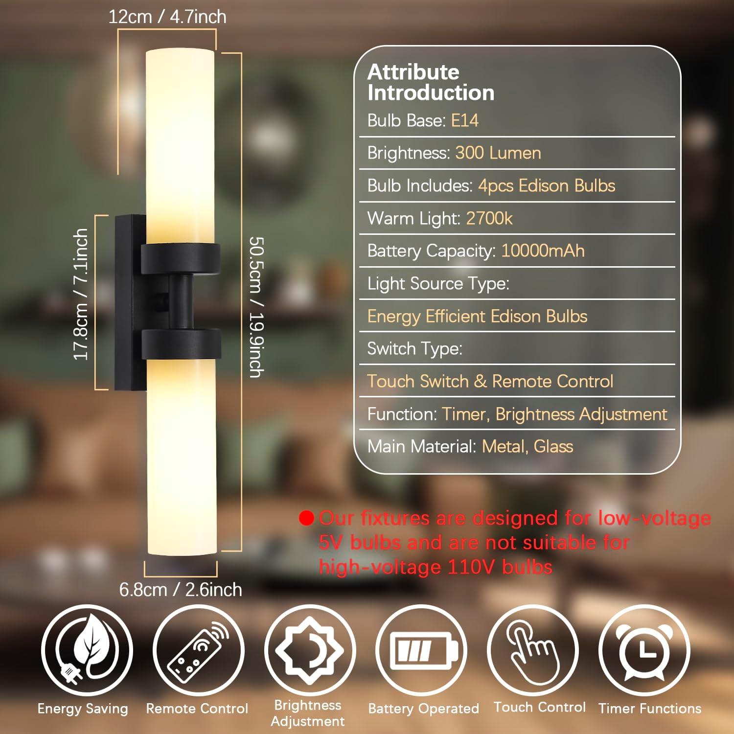 Rechargeable Wall Sconces Set of Two with Remote, Black Battery Operated Wall Sconce with Milky Glass, Sconces Wall Decor Set of 2 Wall Light Fixtures for Bedroom Bathroom Mirror Living Room