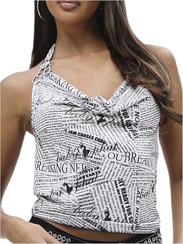 OYOANGLE Women's Newspaper Print Cowl Neck Halter Top Sleeveless Open Back Fitte