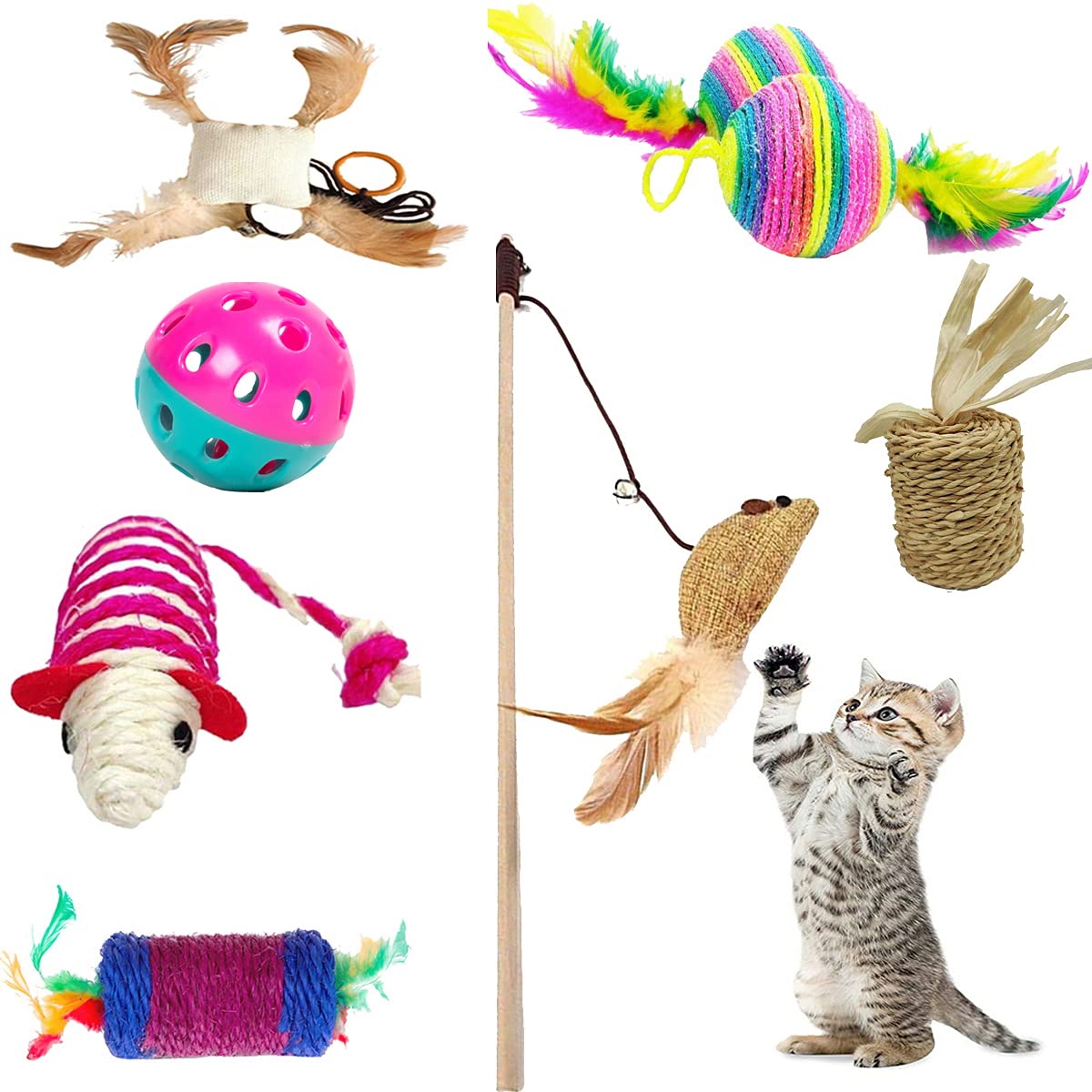 BLACKDOG 7 in 1 Cat Toys for Kittens Premium Combo – Mouse Stick, Rope with Feather Round Balls, Sisal Rope Mouse, Scratch Carrot and Coloured Sound Ball Toys – (Combo 7 Toys) (B098TJ62LQ) Amazon Price History, Amazon Price Tracker