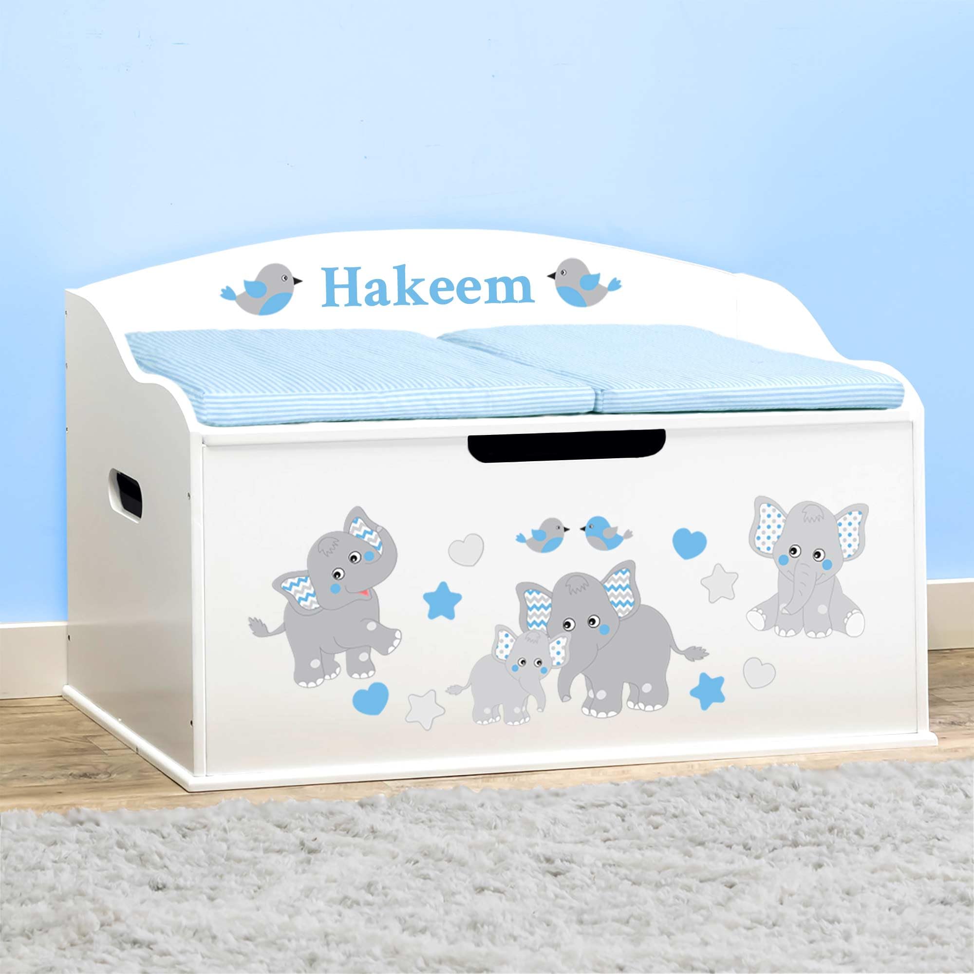 DIBSIES Personalized Creative Wonders Toy Box, Blue Elephants, 30 x 19.25 x 18 inches, Soft-Close Lid (White)