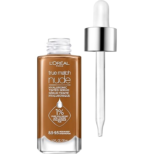 L'Oreal Paris True Match Nude Hyaluronic Tinted Serum Foundation with 1% Hyaluronic acid, Medium Deep 8.5-9.5, 1 fl. oz.