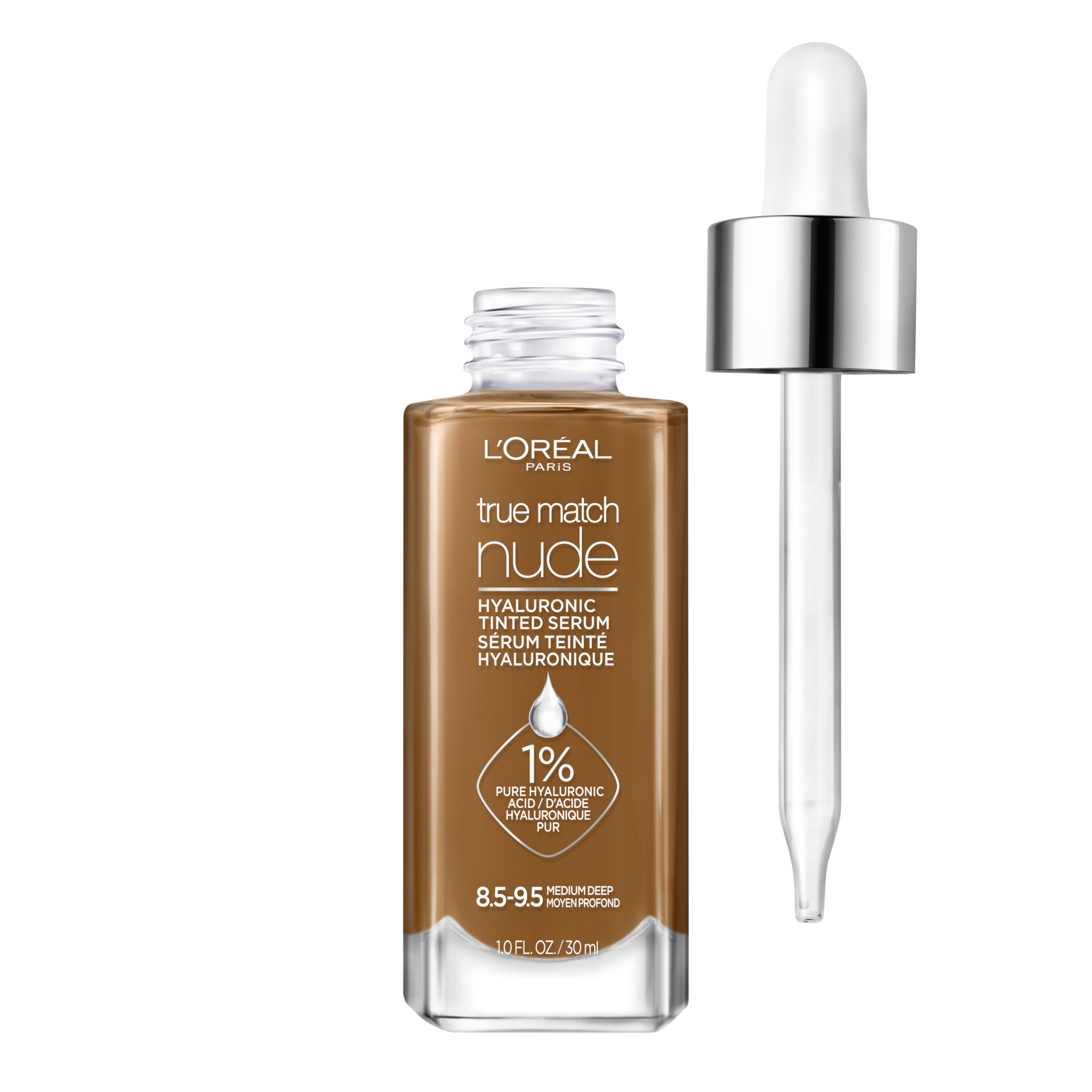 L'Oreal Paris True Match Nude Hyaluronic Tinted Serum Foundation with 1% Hyaluronic acid, Medium Deep 8.5-9.5, 1 fl. oz. 1 Fl Oz (Pack of 1) Medium Deep 8.5-9.5