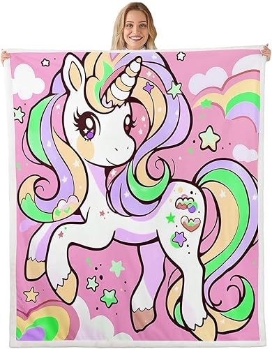 Rainbow Stars Cloud Bed Blanket,Cartoon Unicorn Flannel Blanket for Room Decor,Pink Purple Romantic Fleece Blanket for Kids Adults Sofa Dorm