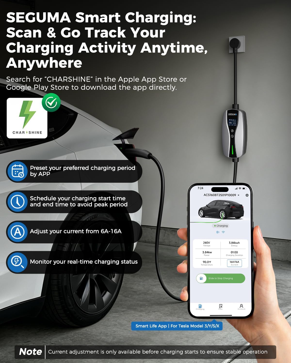 SEGUMA NACS Charger for Tesla with APP, ETL Certified Level 1/2 Tesla Charger, 6-16A, Dual Voltage 120V NEMA 5-15 Plug & 240V 6-20 Adapter, 25FT Cable, IP66, Portable Home Electric EV Charging Station