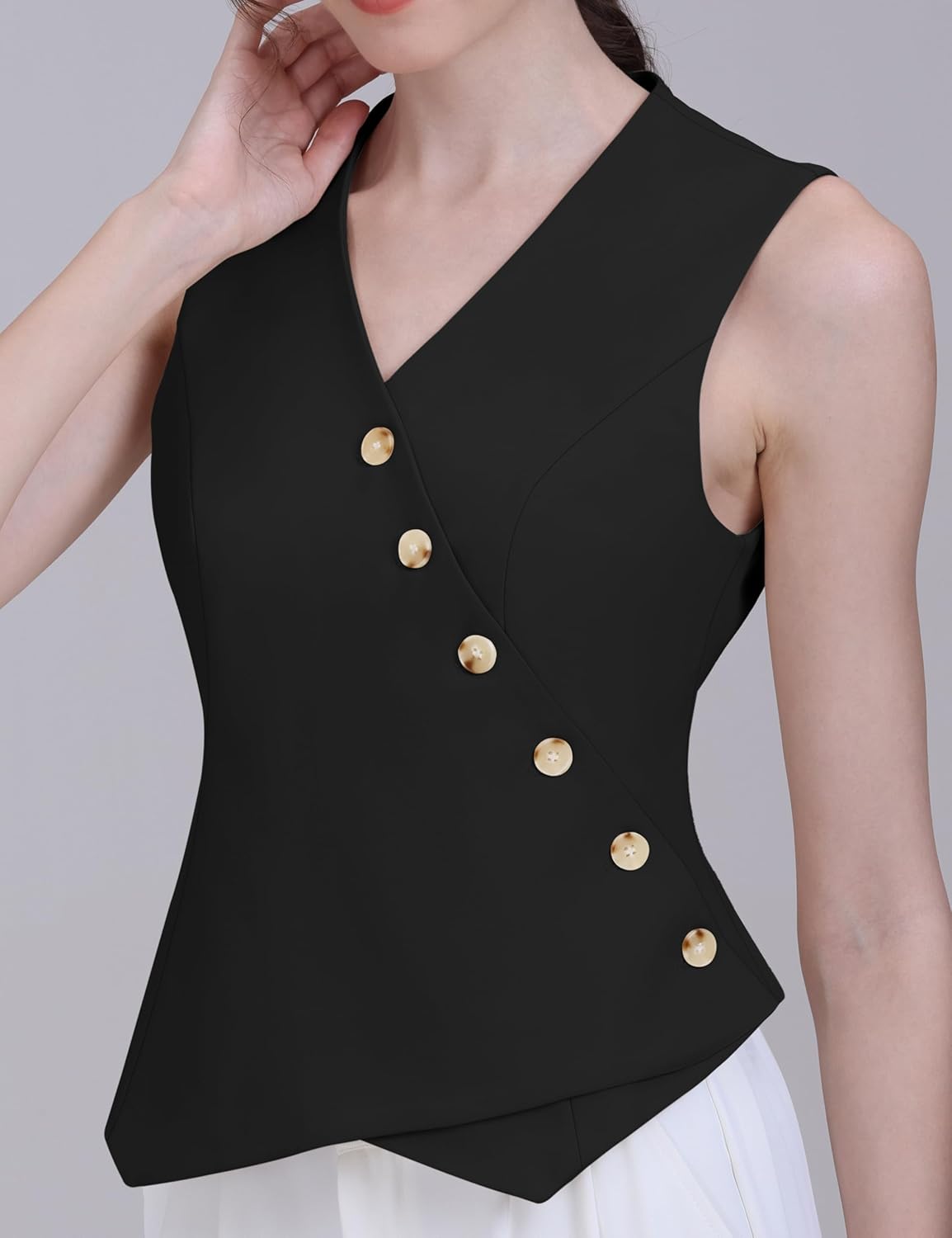 Foucome Vest for Women V Neck Button Up Asymmetrical Hem Dressy Casual Suit Vest Waistcoat - Image 2