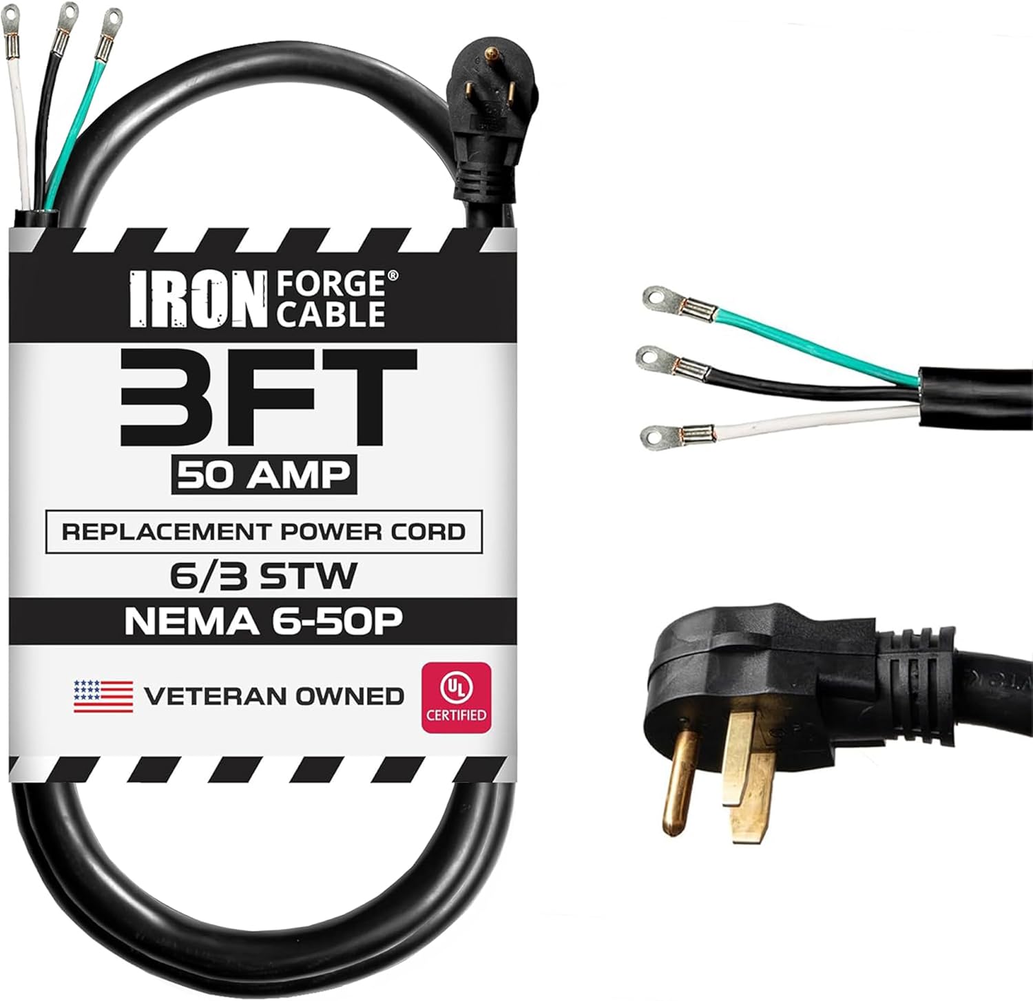 Iron Forge Cable NEMA 6-50 Extension Cord with Open End - 8ft 50 Amp EV Power Cord 3 Prong with Eyelet, 6/3 Gauge Replacement Cable - NEMA 6-50 Plug STW