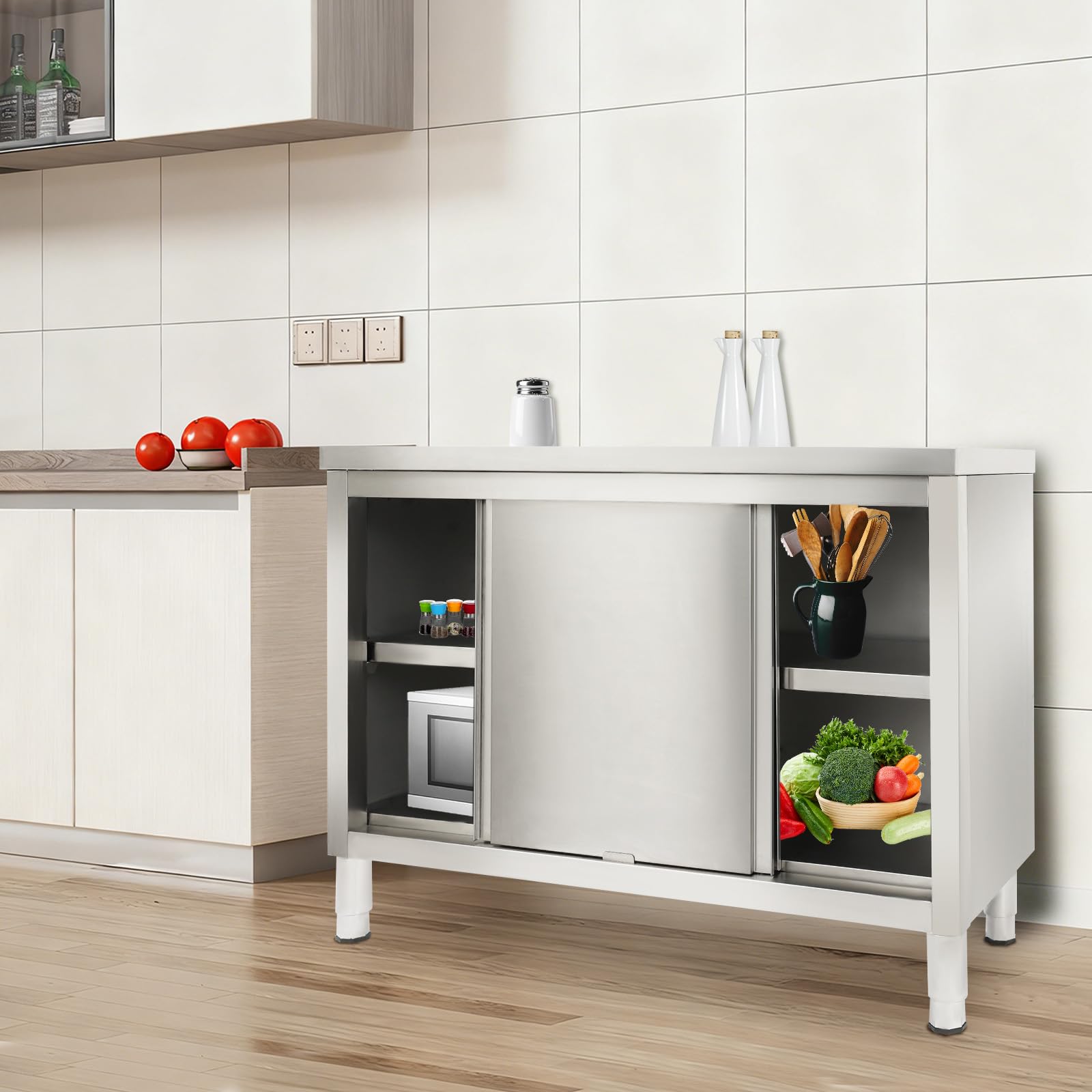 Armadio da lavoro in acciaio inox, con ante scorrevoli, piano di lavoro, armadio scorrevole, 120 x 50 x 86 cm