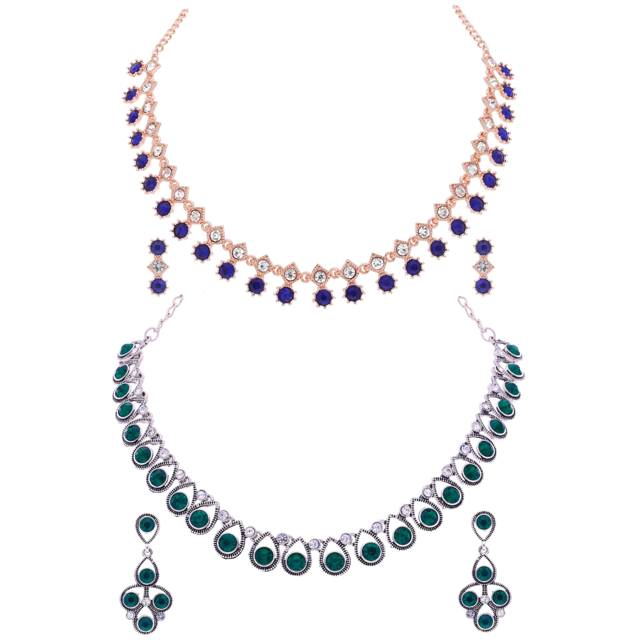 Brado Jewellery Pack of 2 Oxidised Silver and Rosegold Polished AD Necklace with 1 pair of Earring Choker Jewelry set for Women and Girls (RG - Blue - SLR - Green) (B0CP4XFDLH) Amazon Price History, Amazon Price Tracker