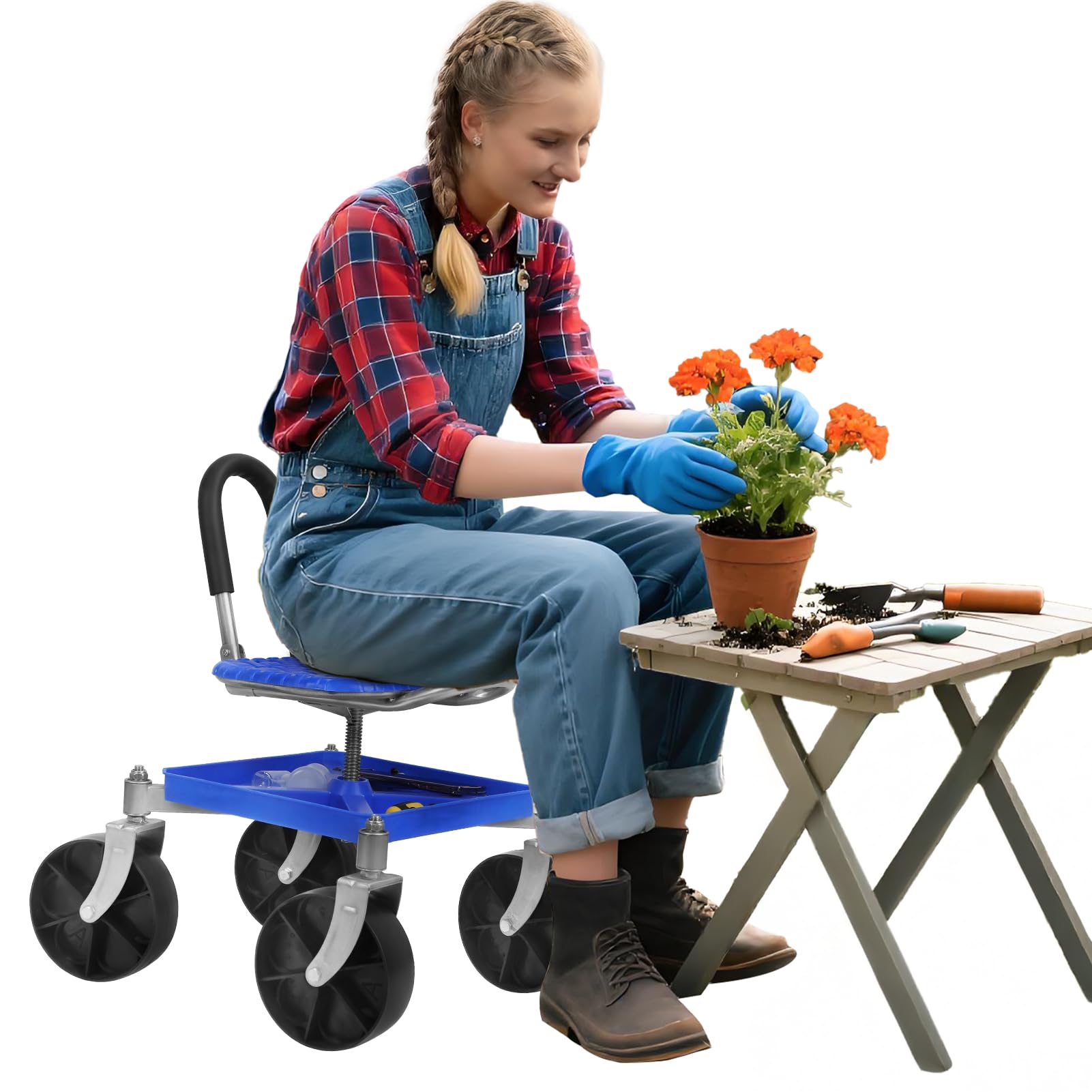 joukares Gardening Rolling Seat, Height Adjustable Rolling Garden Cart, 360 Degree Swivel Gardening Stool with Tool Tray, Rolling Work Seat for Gardeners Elderly Seniors (Blue)
