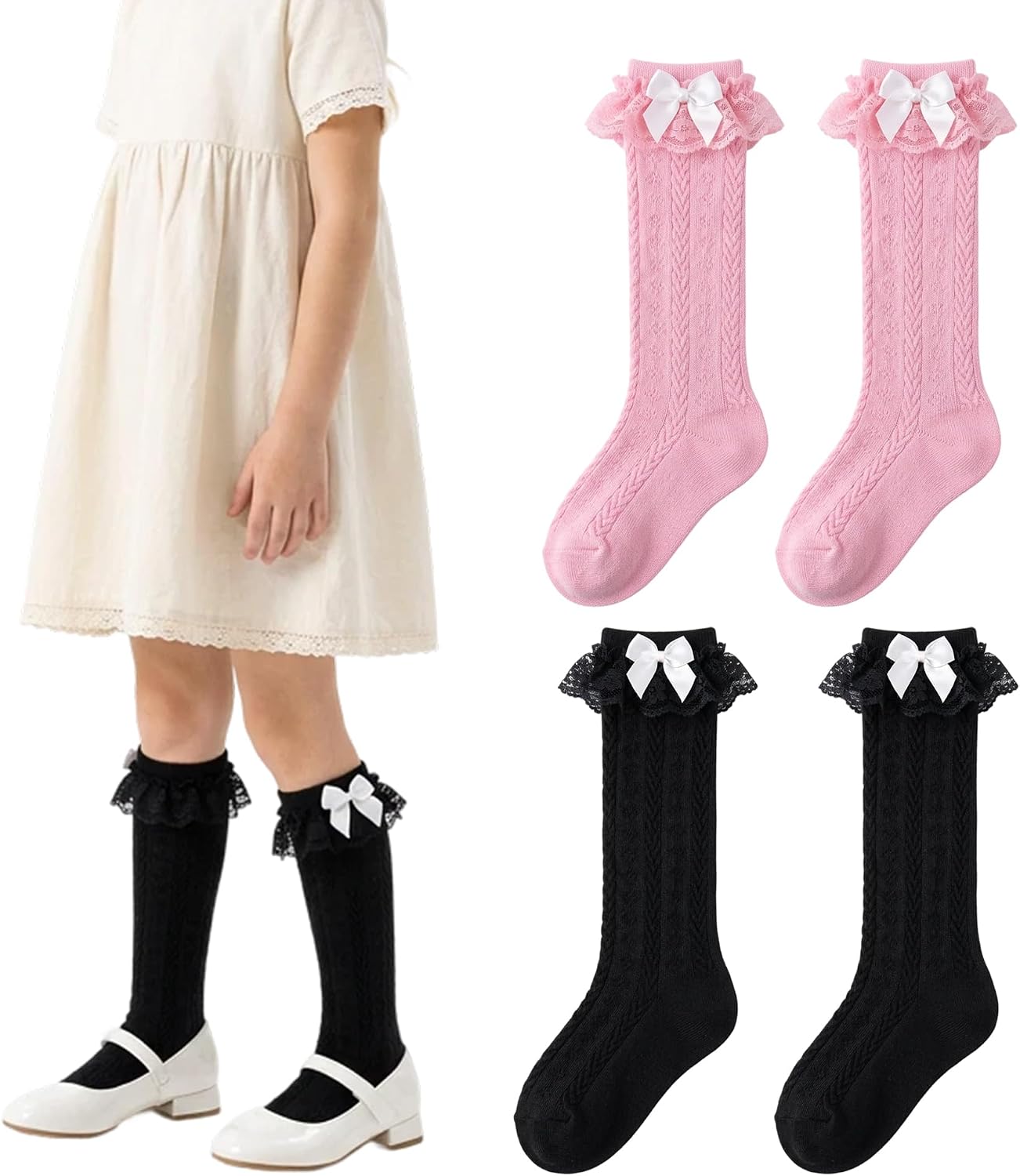 Girls Ruffle Knee High Socks, Princess Bow Lace Calf High Socks, 3 Sizes for Kids (US 7-8 Toddler to 6-8 Big Kid)