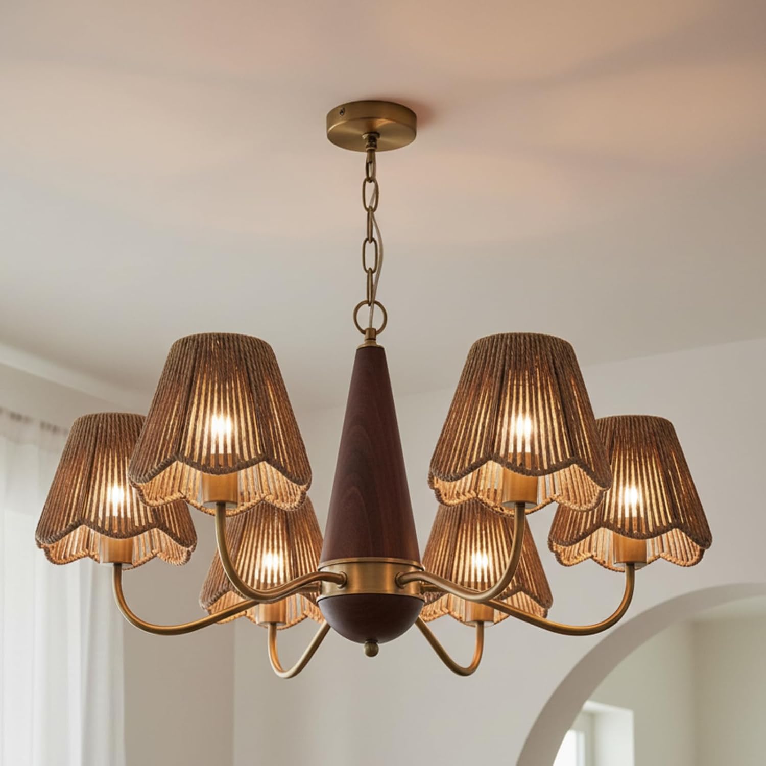 VIHOSE 6 Pack Rattan Lampshade Boho Vertical Striped Rattan Lampshade Replacement with Petal Edges for Table Chandelier Wall Lamp Living Room Bedroom Farmhouse (Earth Color,3 x 5 x 6 Inch)