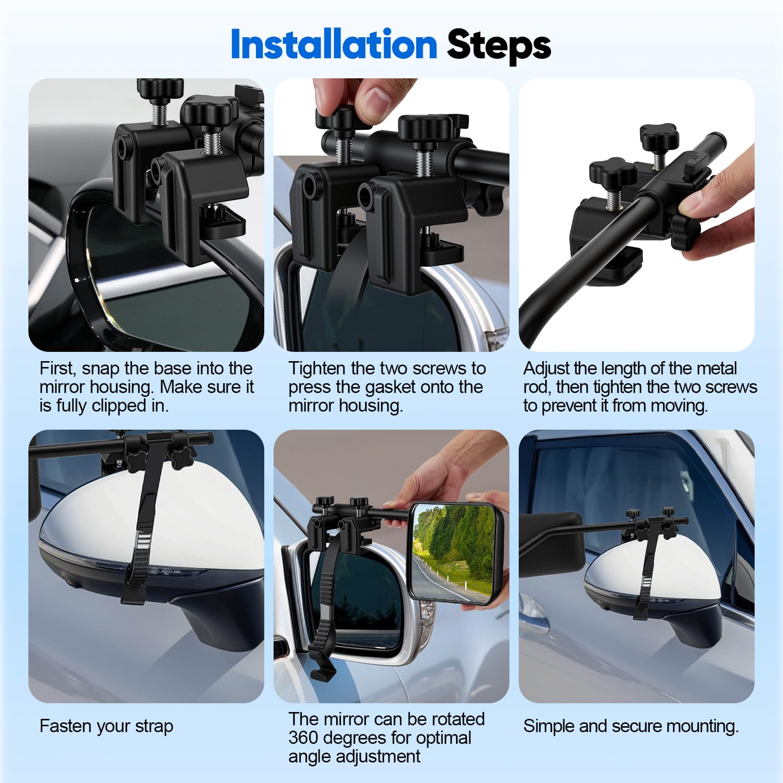 Espejo de caravana para coche, 2 unidades, con pinzas, giratorio 360 ° y plegable, estable y resistente a la lluvia, espejos para remolques para caravanas, caravanas
