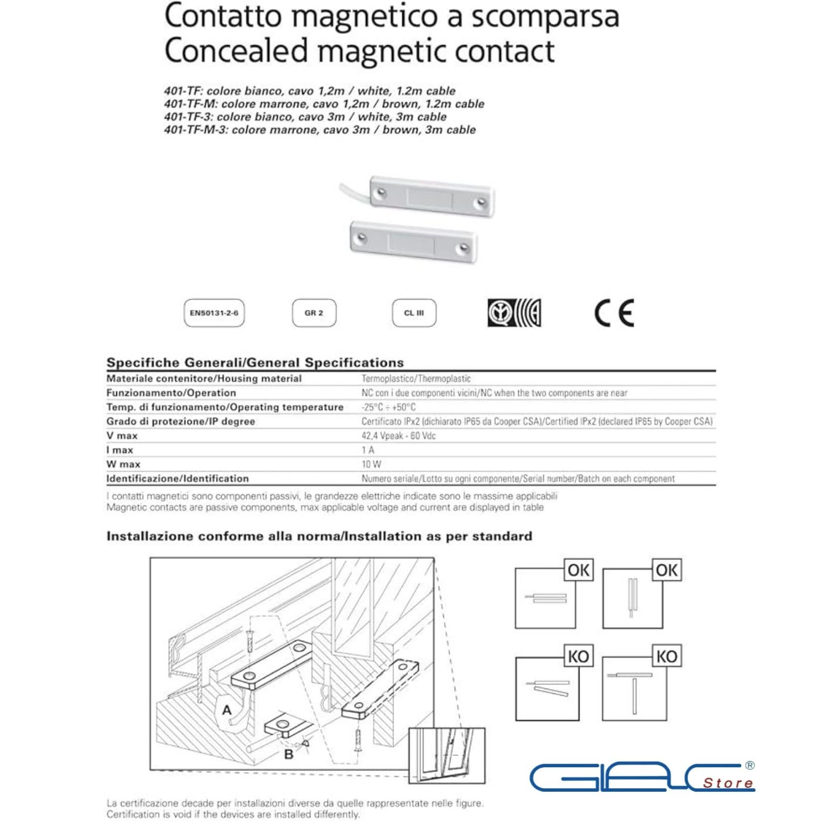 Contatto Magnetico Bianco a Scomparsa Universale 53mm per ogni tipo di Centrale Allarme Antifurto Cablato per Infissi Porta Filo Lungo 85 cm