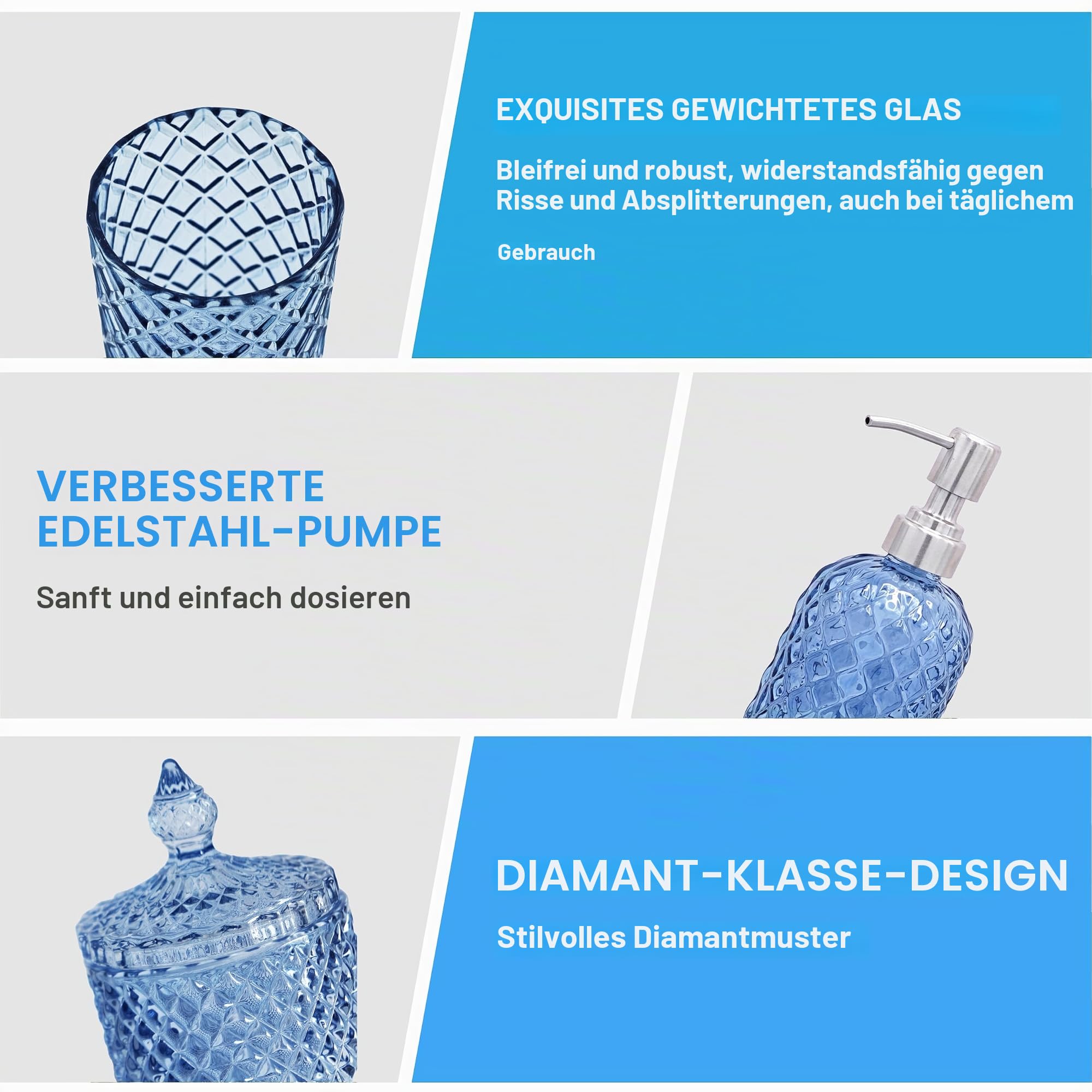 LaMarriti Blaues Badezimmer-Zubehör-Set, 4-teilig, klares Glas, Badezimmer-Zubehör-Set, Lotion-Seifenspender, Zahnbürstenhalter-Set, Seifenschale, Qtip-Halter für Moderne Baddekoration, Hellblau | Lotion Seifenspender, Zahnbürstenhalter Set, Seifenschale,