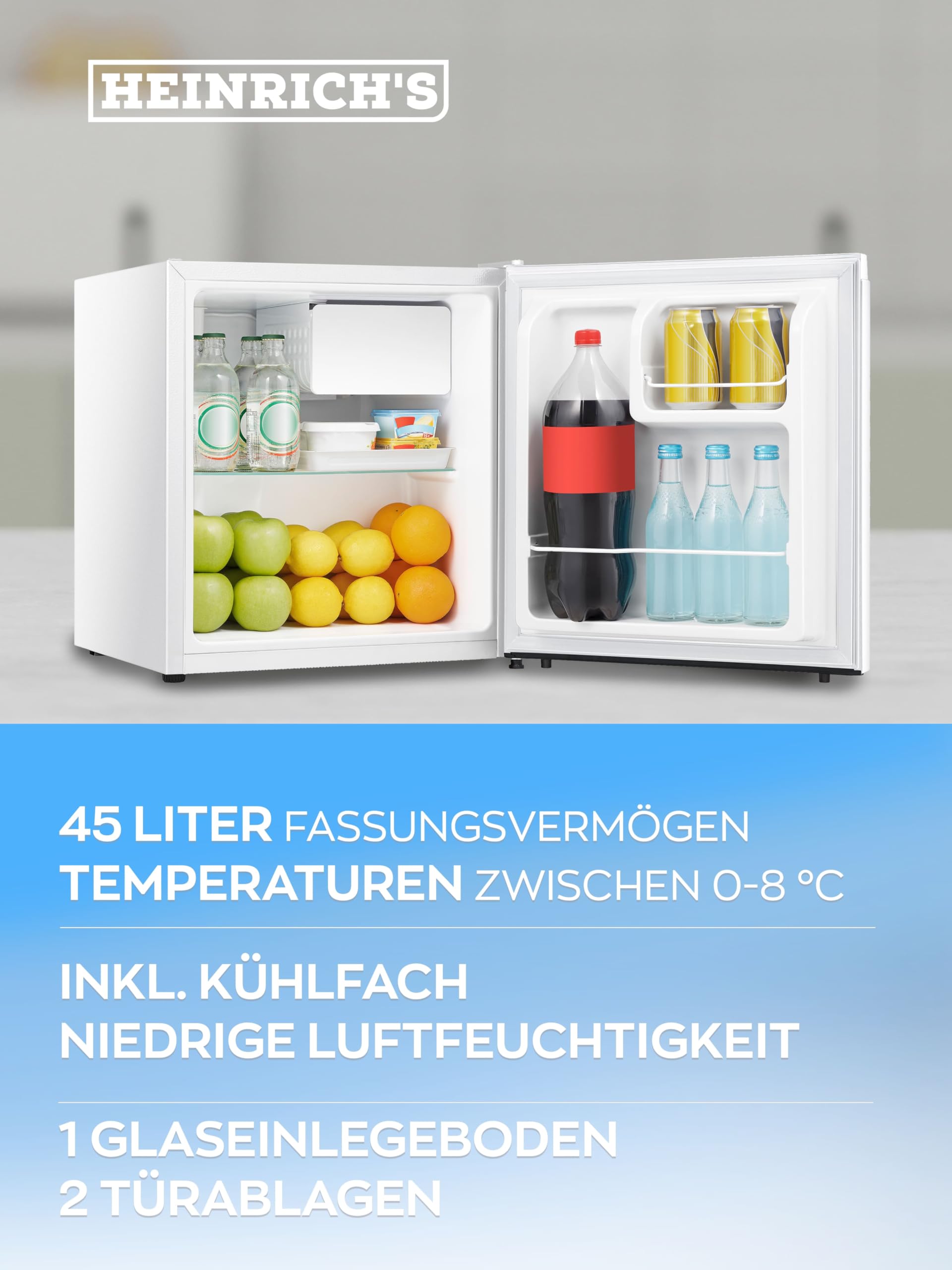 HEINRICHS Getränkekühlschrank 45L leise 39db Mini-Kühlschrank mit Kühlfach Weiß
