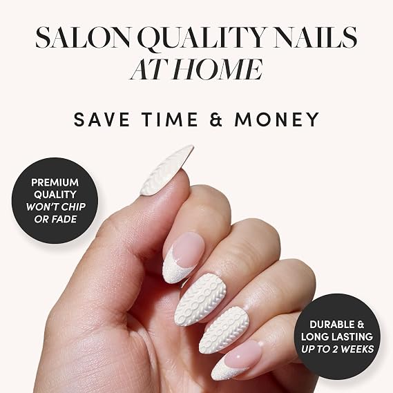 Glamnetic Press-On Nails Bundle - Sweater Weather & Cold Hearted | Short Almond Fake Nails with White Glitter French Tips & 3D Designs | Short Almond Fake Nails with Heart Accent and Pale Blue Velvet