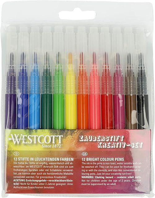 Westcott Felt Tip Pen Set, 12 Pieces in Refill Pack for Paint Spray Pen, Airbrush Set for Kids Painting & Drawing, Water Soluble E-16801 00