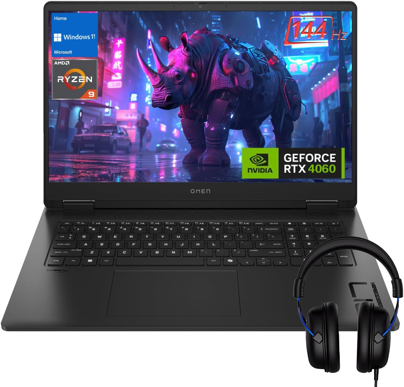 HP OMEN 17.3 144Hz FHD AMD Ryzen 9 8945HS NVIDIA GeForce RTX 4060 AI Gaming Laptop, 32GB DDR5 RAM, 2TB SSD, Low Blue Light, RGB Backlit Keyboard, Webcam, Bundle with HyperX Cloud Headset