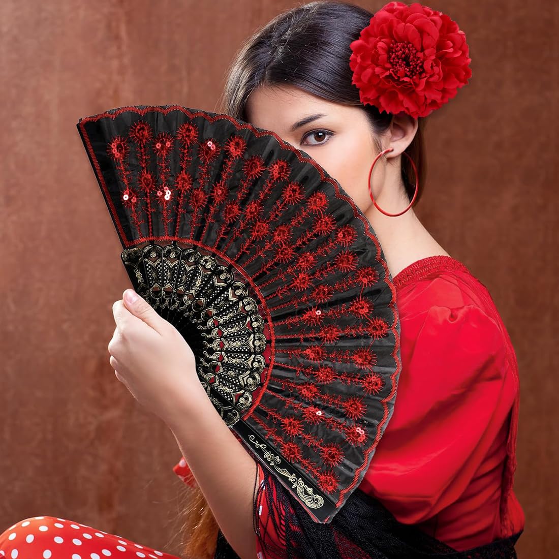 Horquillas flamenco flores artificiales peonias rojas abanico grandes pelo grueso fino playa mujeres niñas