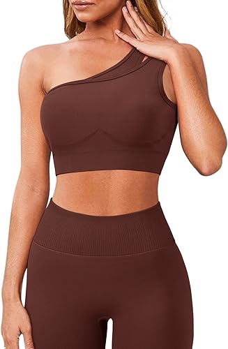 OMKAGI Conjunto de entrenamiento para mujer 2 piezas sin costuras brasier deportivo de un hombro leggings para levantamiento de glúteos trajes de