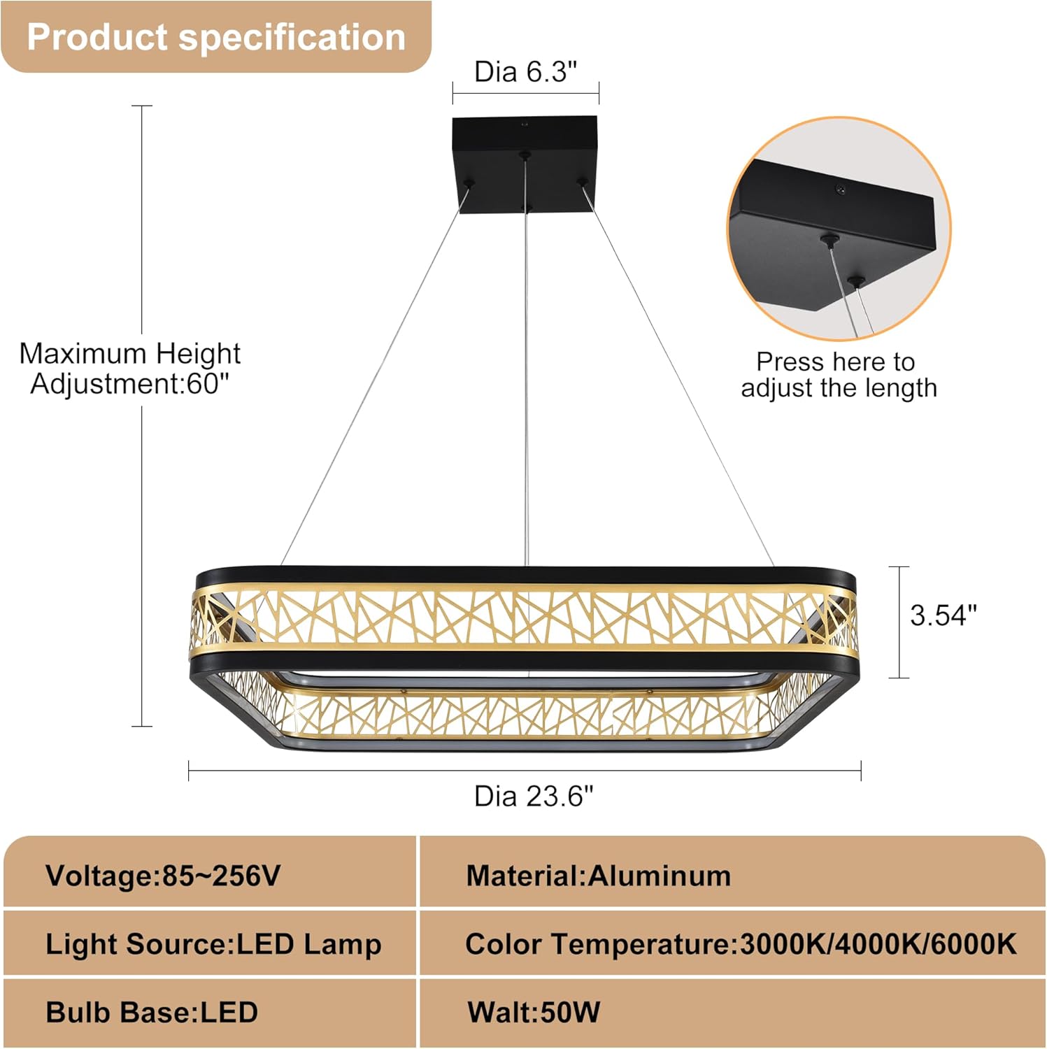 Modern Chandelier with Remote Control, Adjustable LED Chandelier Dimmable Chandeliers for Dining Room Living Room (Black & Gold, 23.6" Square)