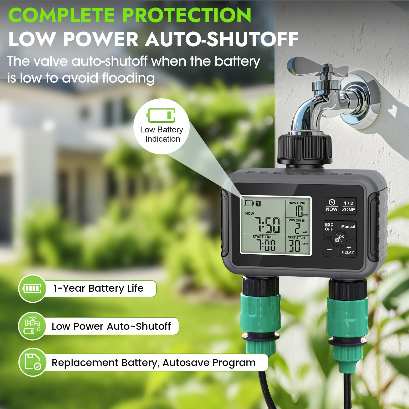 Haozee Ordenador de riego de 2 salidas, temporizador de riego de jardín con retardo de lluvia/modo automático y manual, IPX5 resistente al agua/pantalla LCD grande control de riego