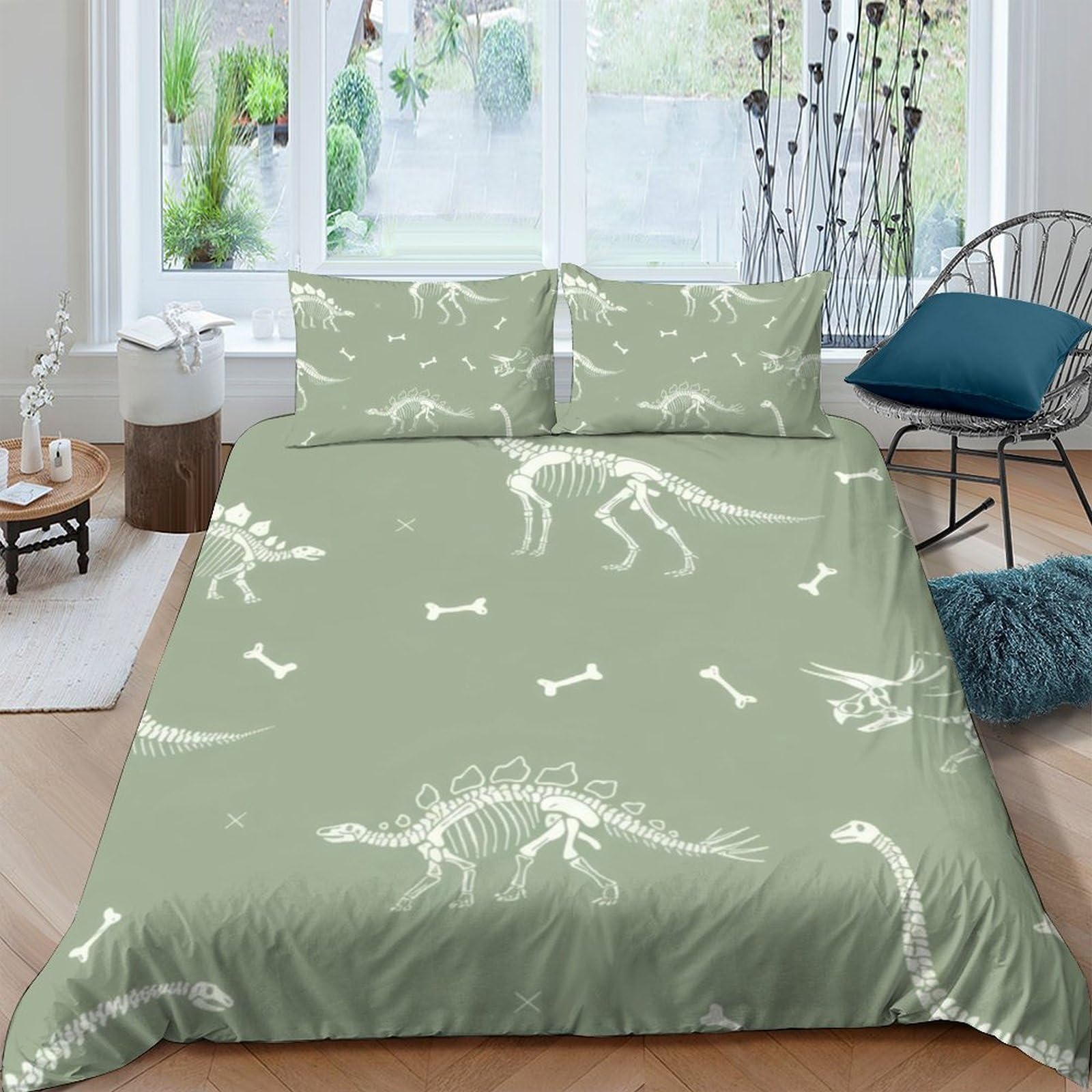 Ctjqhvkz Style-3 3D Printed Dinosaur Fossil Fitted Sheet Microfiber Sage Green Skeleton Bed Cover Anti-Slip Easy Care For Bedroom Decor Single（135X200cm）