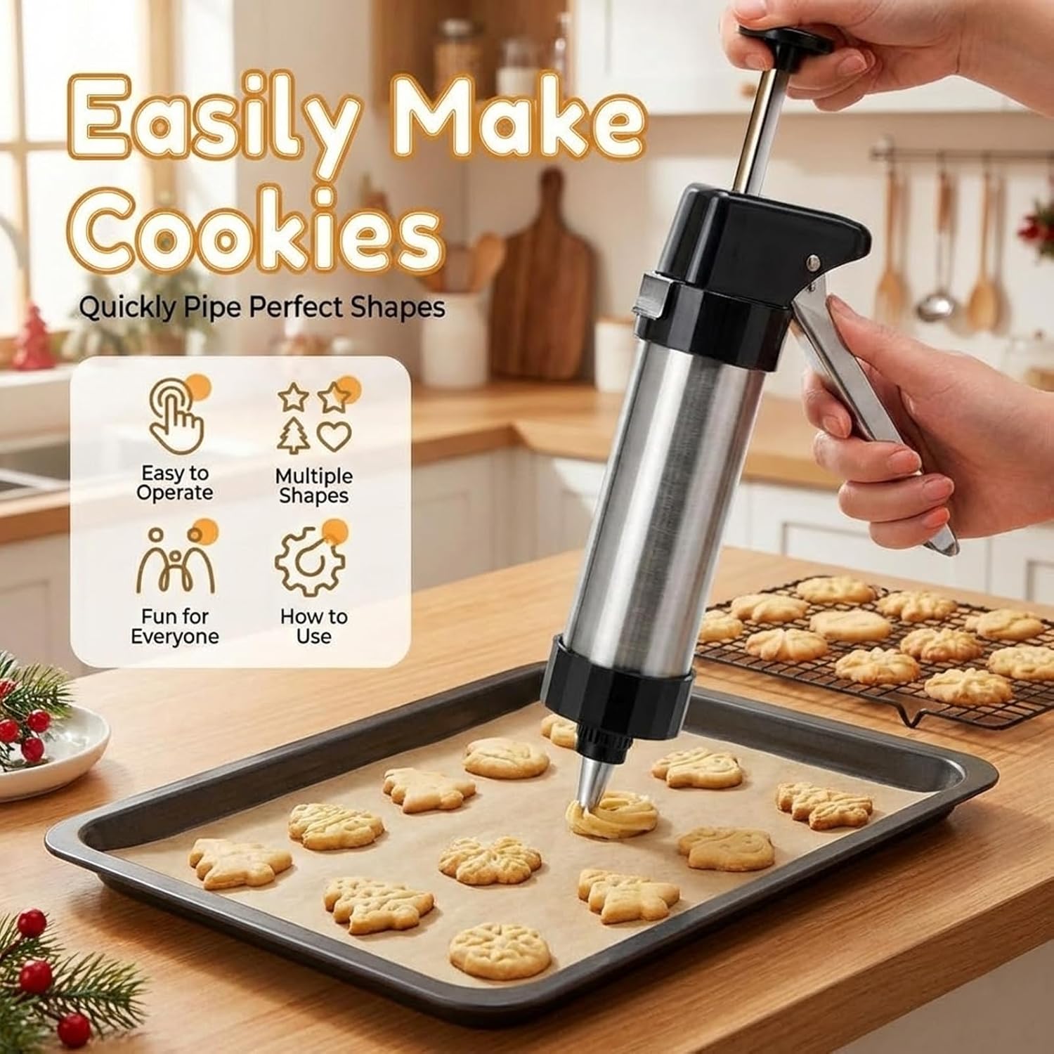Stainless Steel Cookie Press Gun - Manual Spritz Maker Kit with 13 Discs & 9 Icing Tips, DIY Biscuit Extruder for Holiday Baking, Churros & Cake Decorating