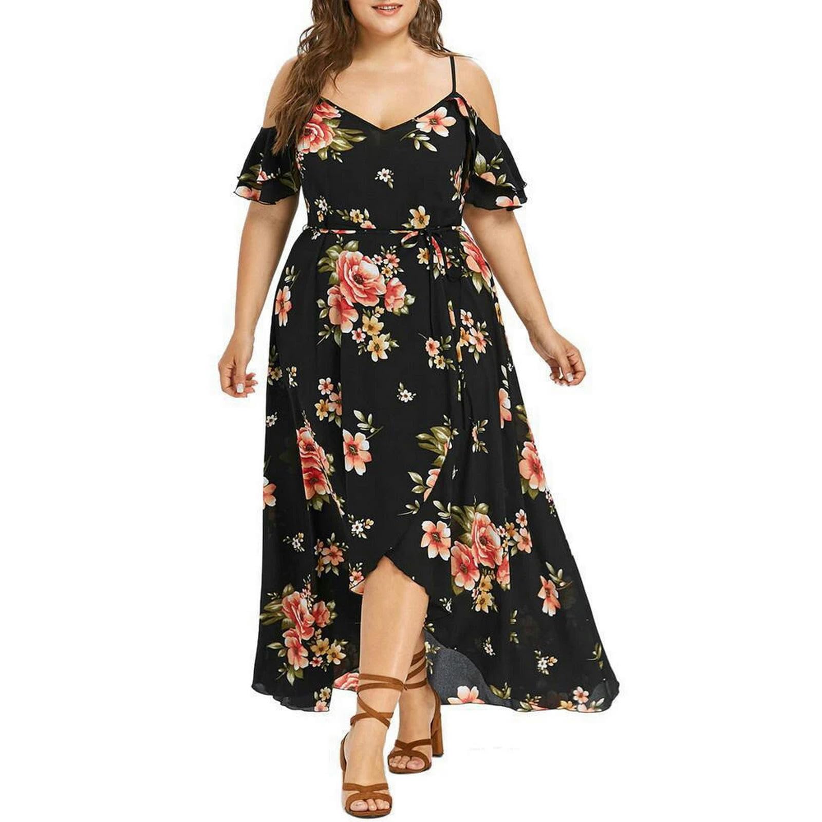 Vestido de Verano de Flores Femeninas de Gran Tamaño Vestido Bohemio de Manga Corta de Cuello V con Volantes en Forma de a, HUTALIM, Negro, XXL