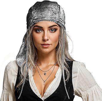 Head Scarf for Women, Pirate Bandana with Chain Fringe, Silver Hair Wrap Scarf for Party, Disco, Festival or Cyberpunk