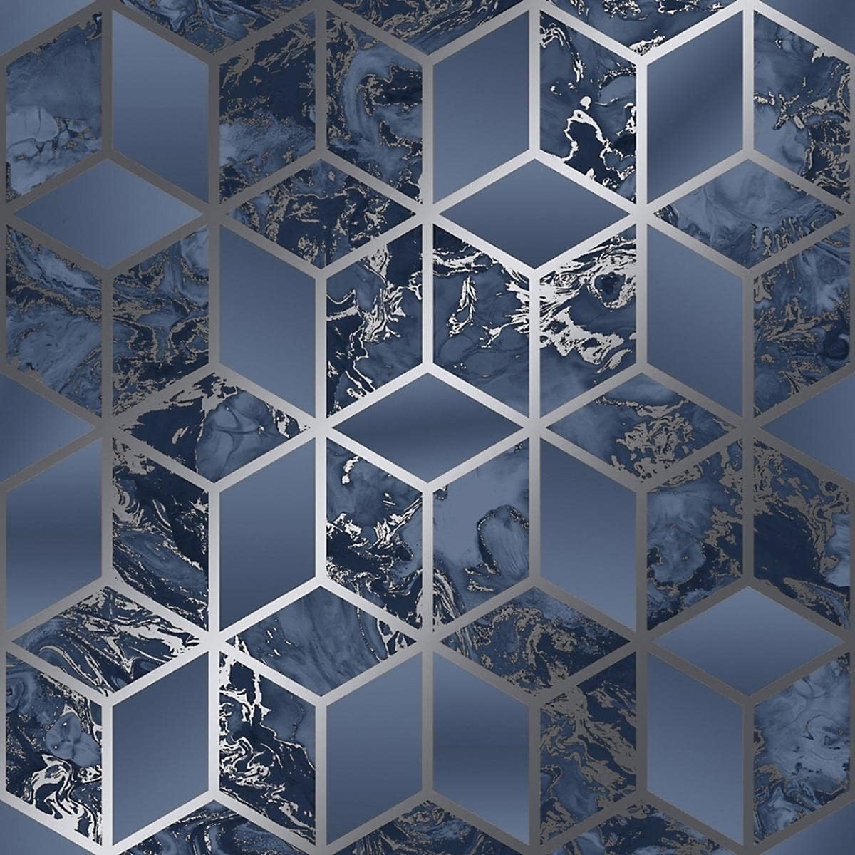 Muriva Elixir Cube Blue Silver Wallpaper 166512 - Metallic Geometric Marble