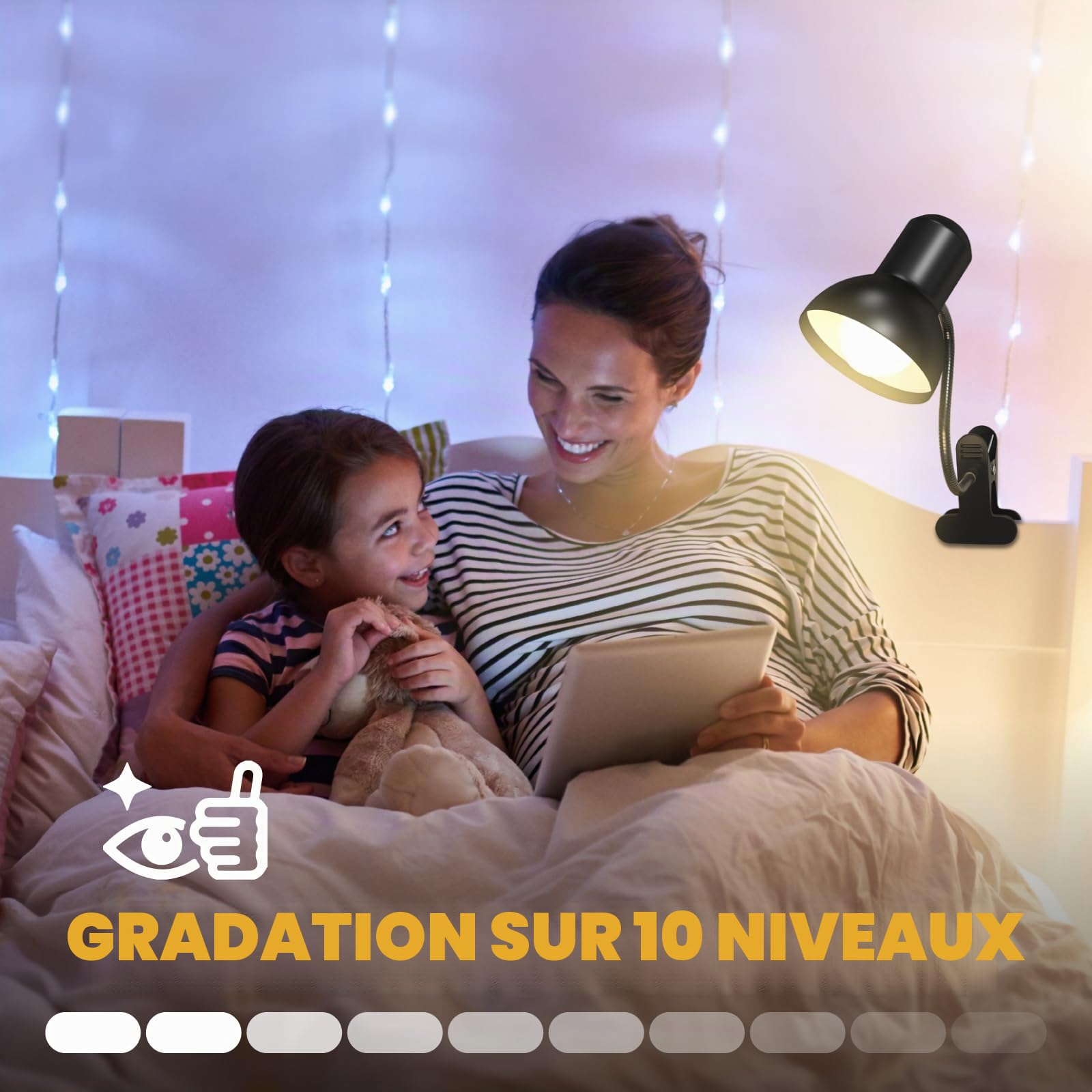 Lampe de Lecture Sans Fil Rechargeable - Pince pour Lit & Bureau, 3 Températures + 12 Couleurs, 10 Niveaux Luminosité, Camping, Ambiance RGB