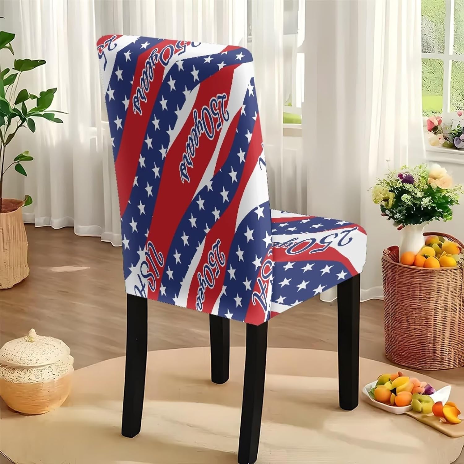 250 Year American Anniversary Seat Covers for Dining Chairs Removable Parsons Chair Slipcovers Table Cloth Set of 5, Dust-Proof Rectangle Tablecloths, 250 Year Stars and Stripes Print