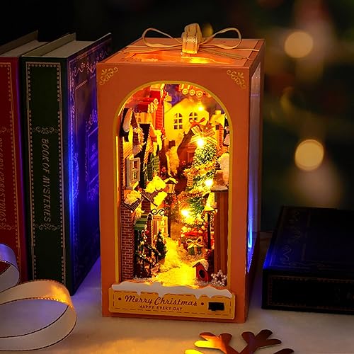 Miniatura 8 de Spilay Kit de rincón de libros de bricolaje, kit de casa de muñecas en miniatura con muebles y LED, rompecabezas de madera 3D para estantería,